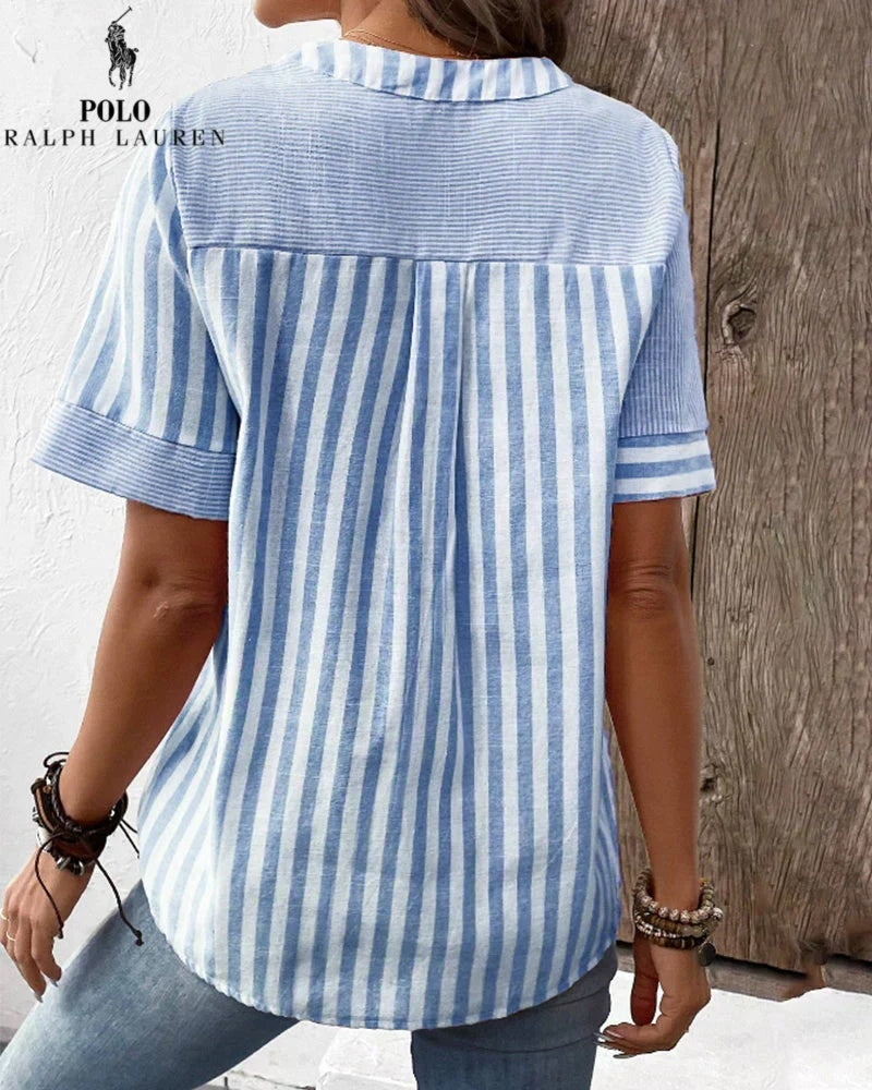 RALPH LAUREN - Hemd aus Baumwolle und Leinen mit asymmetrischen Streifen und V-Ausschnitt