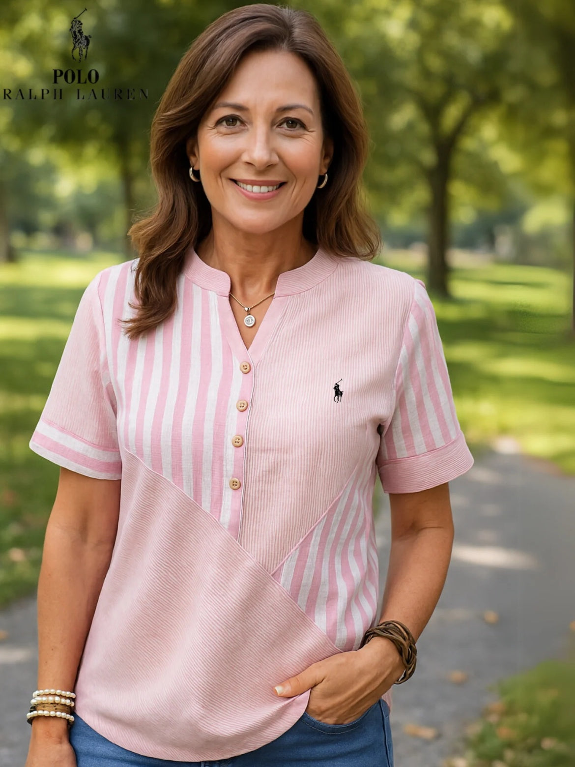 RALPH LAUREN - Hemd aus Baumwolle und Leinen mit asymmetrischen Streifen und V-Ausschnitt